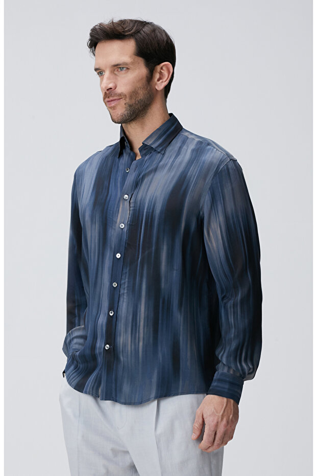 Lacivert Baskılı Gömlek - 4