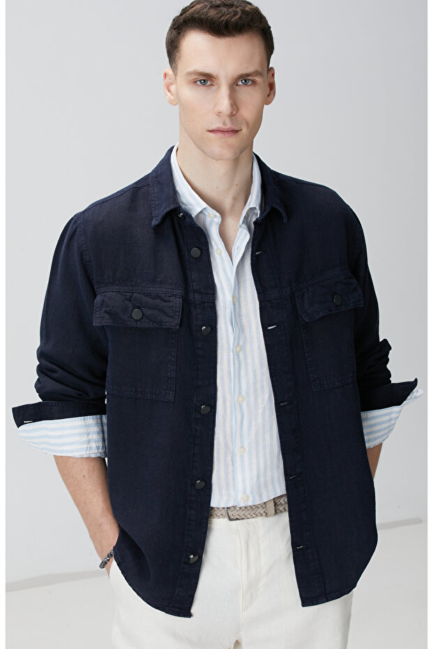 Lacivert Keten Dış Gömlek - 1