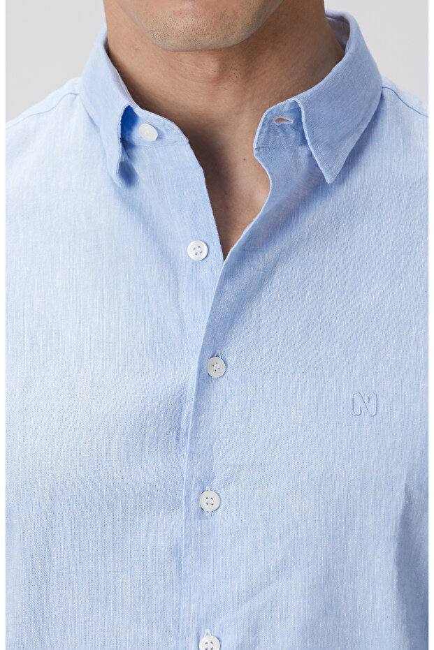 Açık Mavi Keten Gömlek - 6