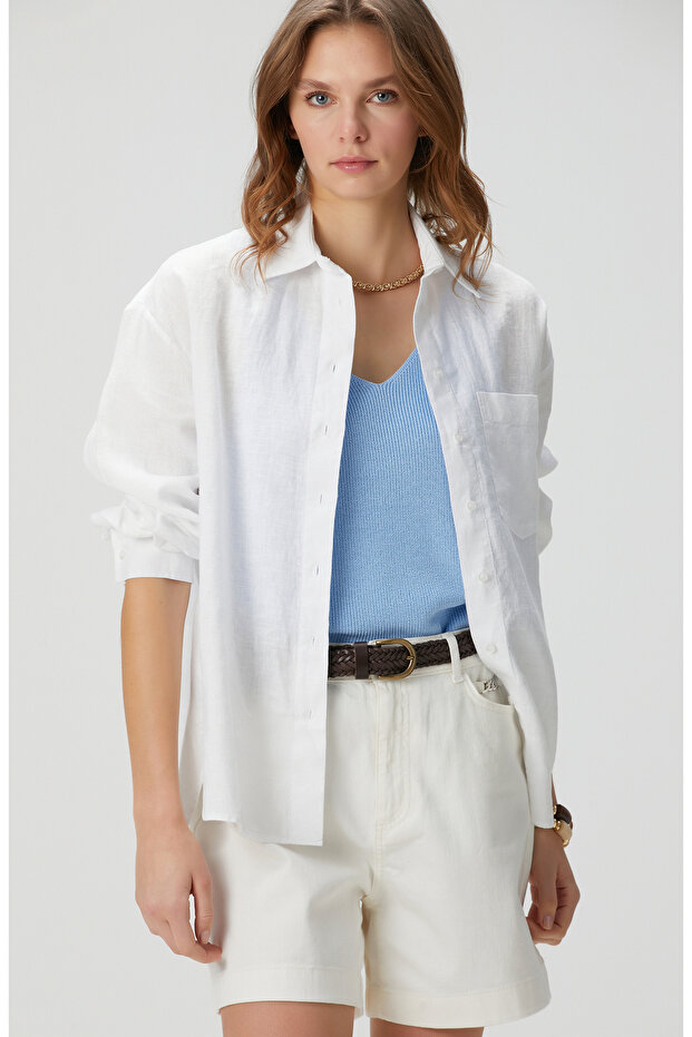 Beyaz Keten Gömlek - 4