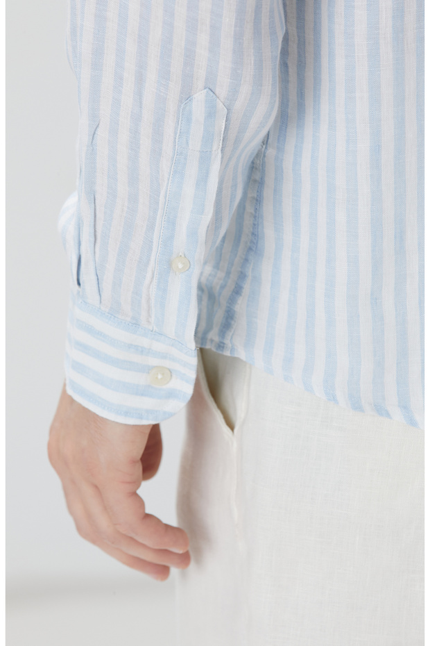 Mavi Beyaz Keten Gömlek - 7