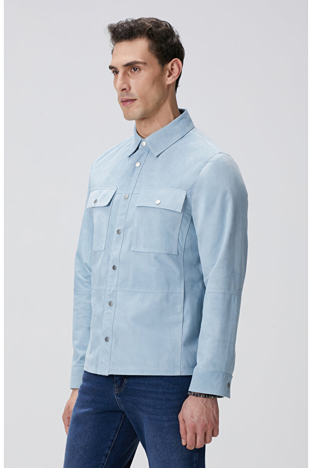 Açık Mavi Süet Mont - 4