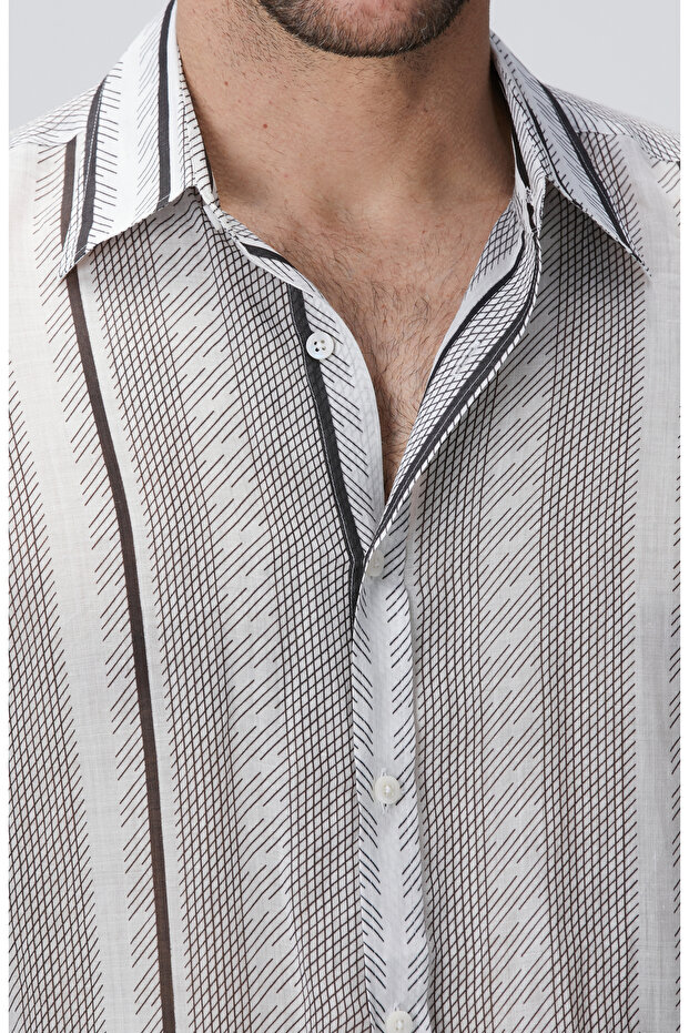 Siyah Beyaz Keten Gömlek - 6