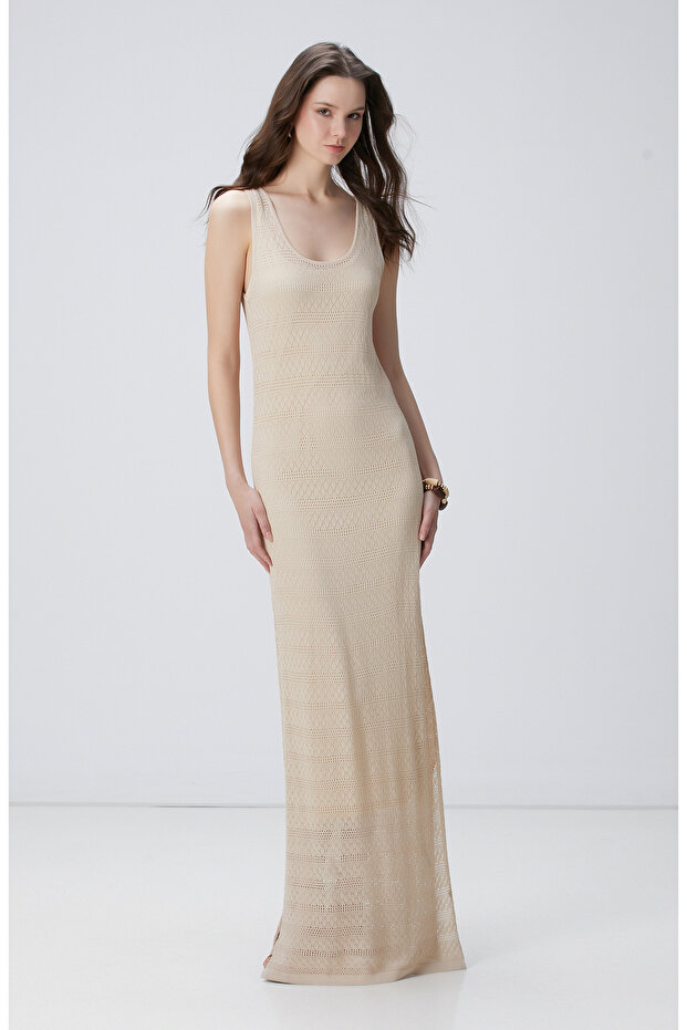 Bej Maxi Elbise - 3
