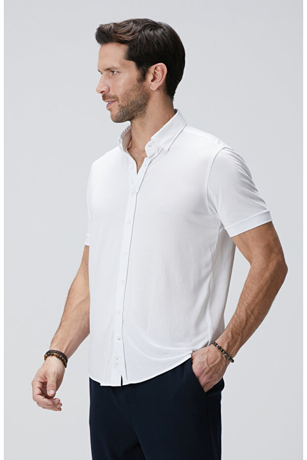 Beyaz Kısa Kol Örme Gömlek - 5