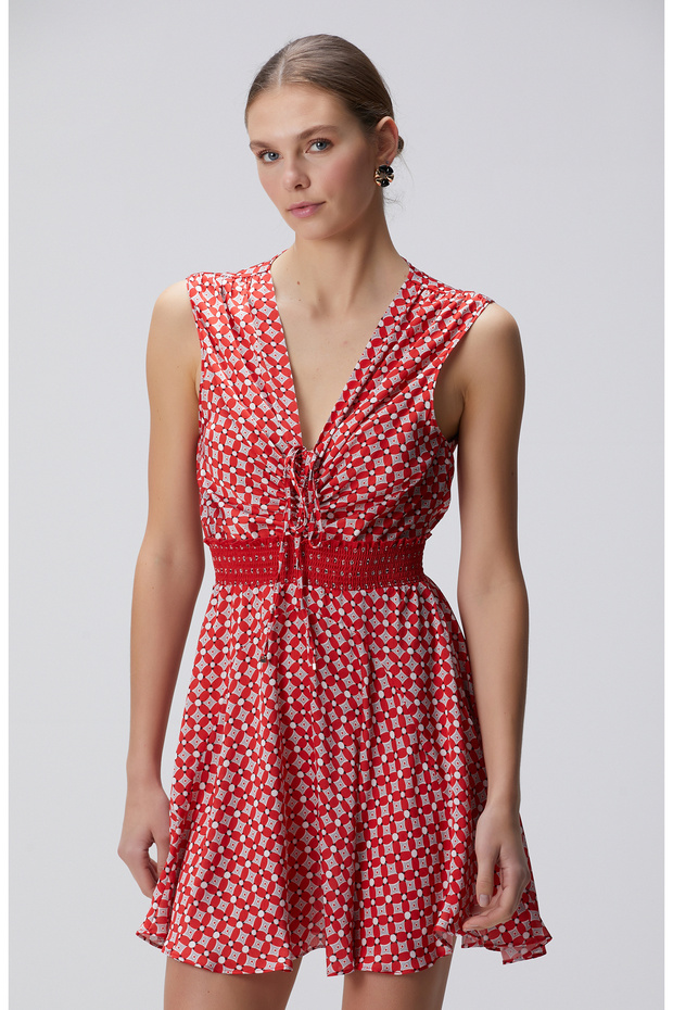 Kırmızı Desenli Mini Elbise - 3