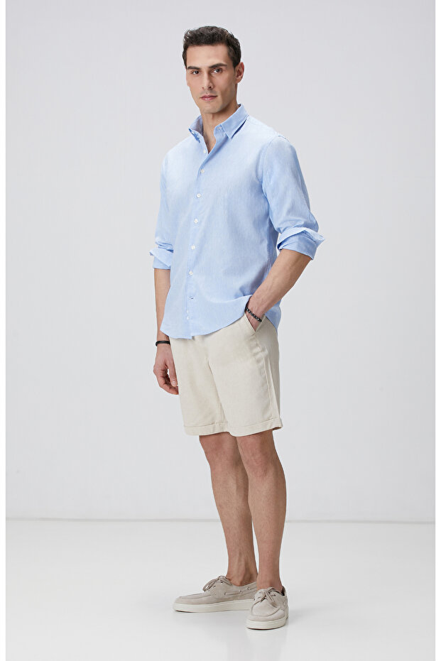 Açık Mavi Keten Gömlek - 3