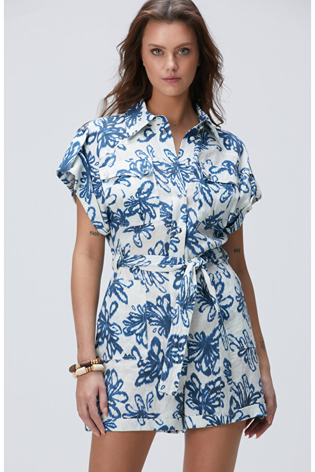 Mavi Desenli Keten Tulum - 4