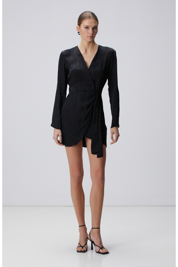 Siyah Jakar Desenli Mini Elbise - 3