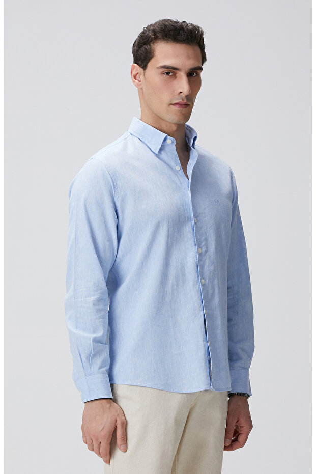 Açık Mavi Keten Gömlek - 4