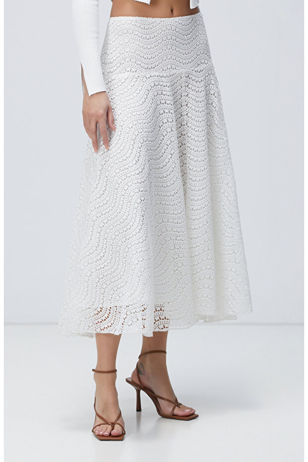 Beyaz Güpürlü Midi Etek - 4