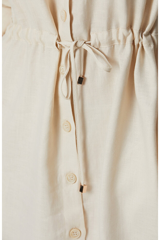 Bej Keten Gömlek Elbise - 6