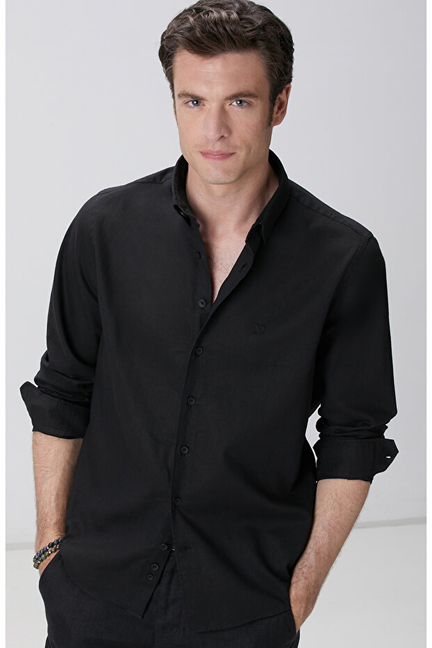 Siyah Keten Karışımlı Gömlek - 2