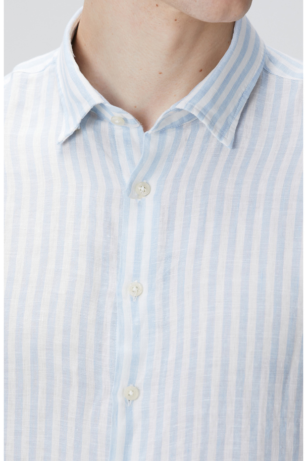 Mavi Beyaz Keten Gömlek - 6
