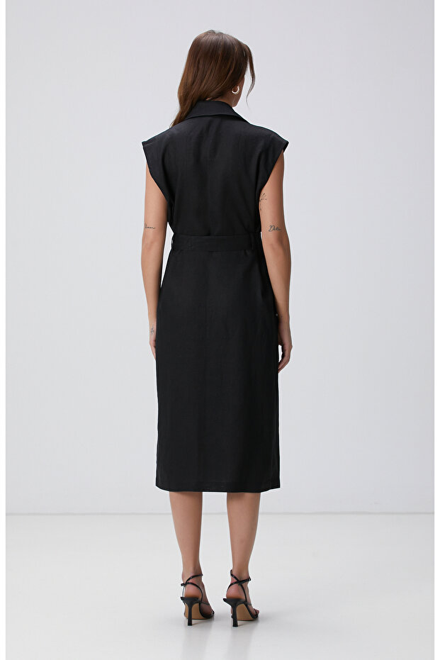 Siyah Maxi Keten Elbise - 5