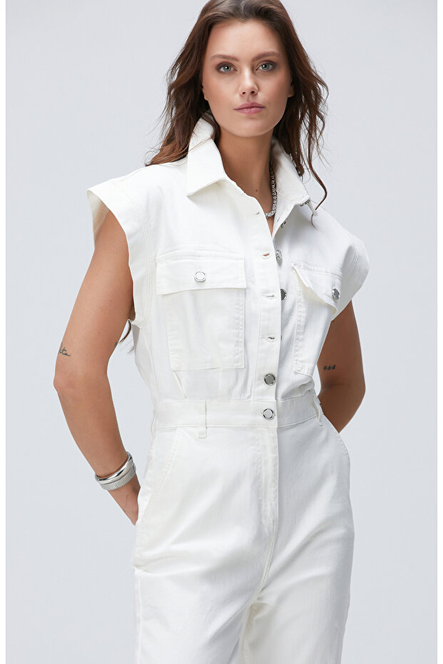 Kırık Beyaz Denim Tulum - 2