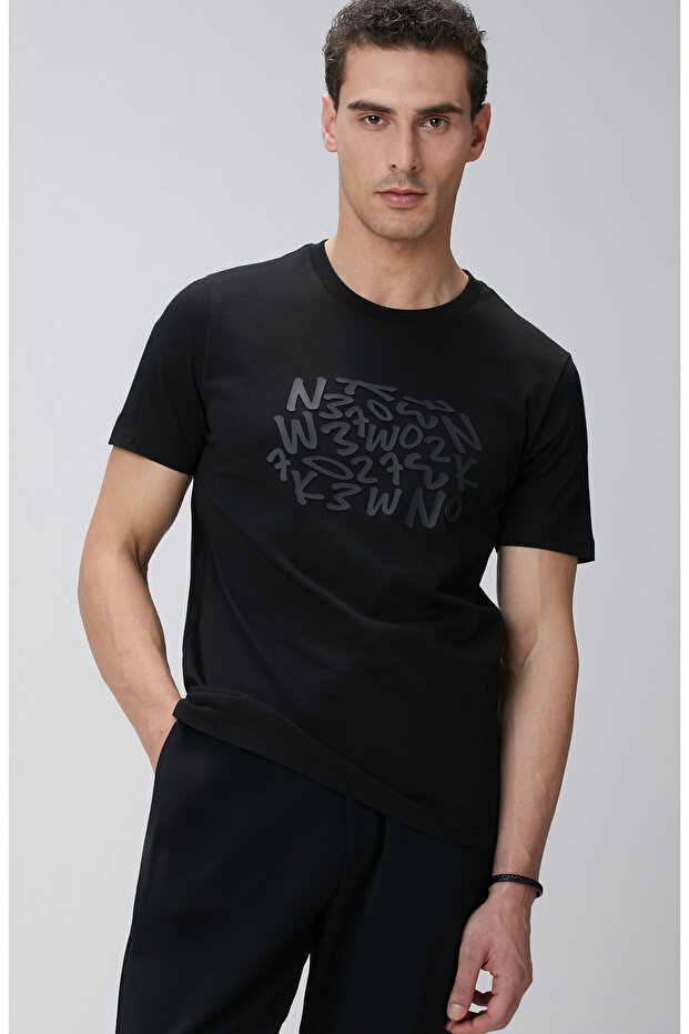 Siyah Network Baskılı Örme T-shirt - 2