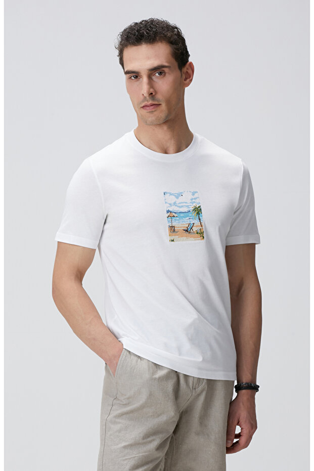 Kırık Beyaz Nakışlı Örme T-shirt - 4