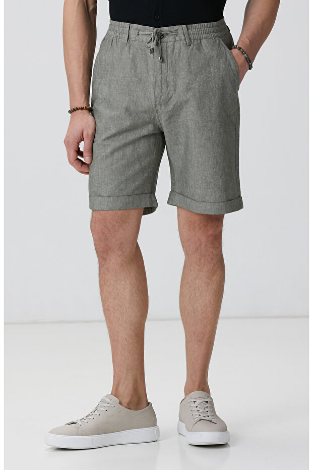 Haki Keten Karışımlı Şort - 2