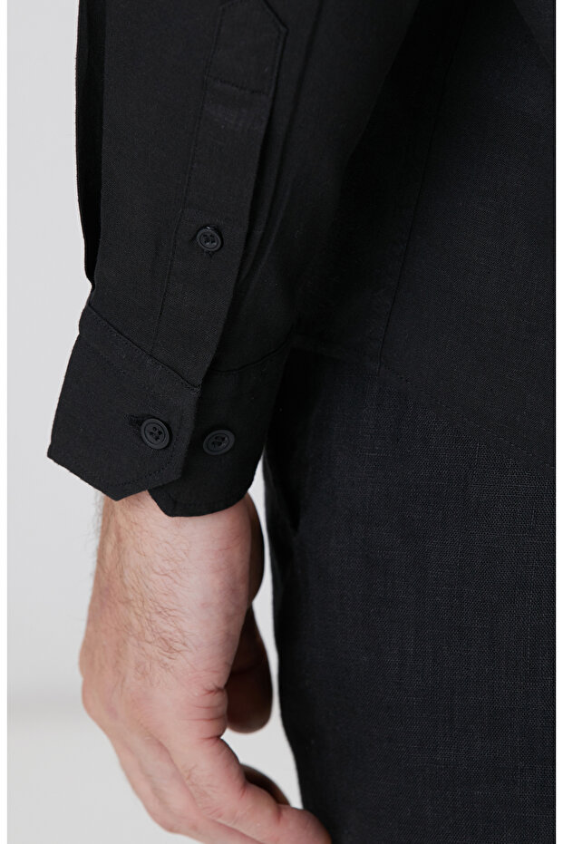 Siyah Keten Karışımlı Gömlek - 7