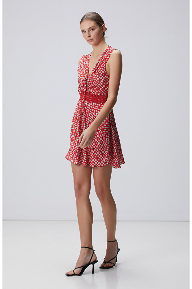Kırmızı Desenli Mini Elbise - 5