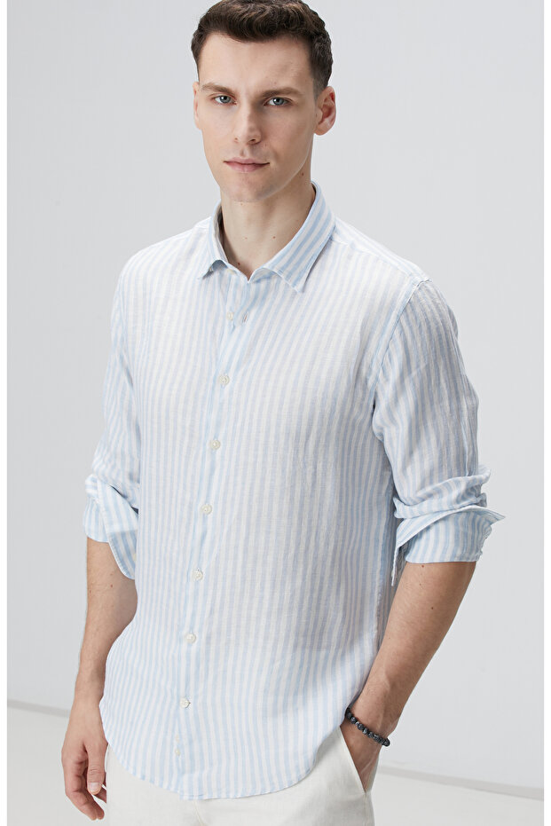 Mavi Beyaz Keten Gömlek - 1