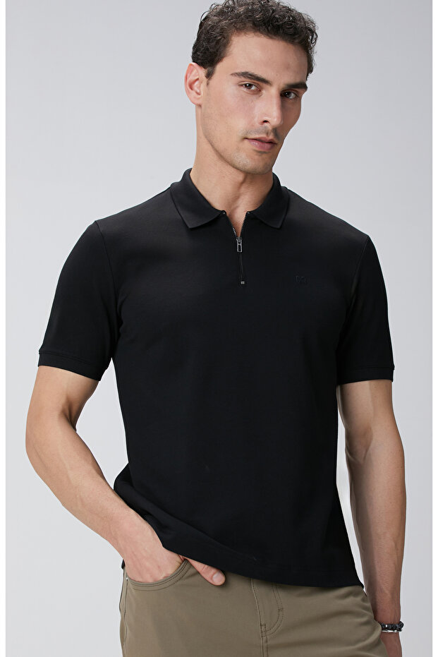 Siyah Polo Yaka Örme T-shirt - 2