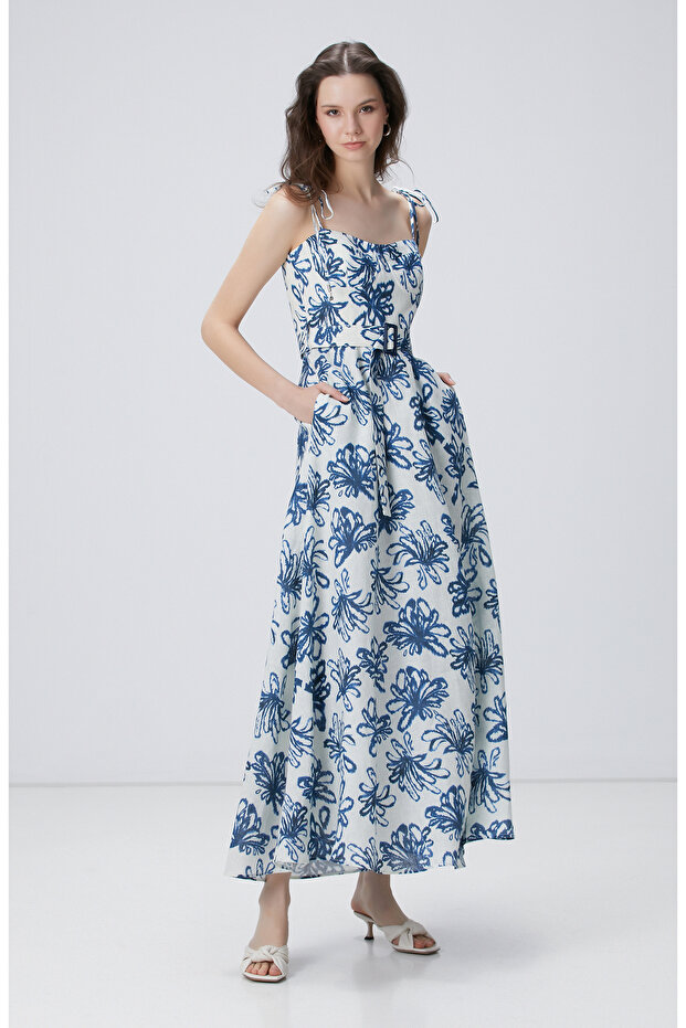 Mavi Maxi Keten Elbise - 3