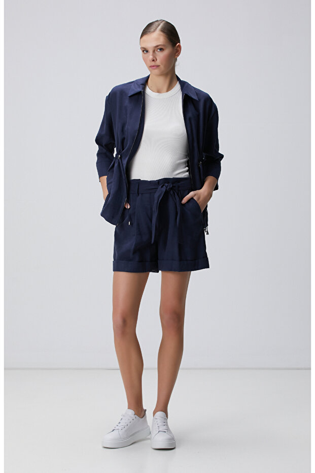 Lacivert Diyagonal Desenli Kısa Şort - 1