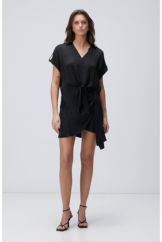 Siyah Jakarlı Mini Etek - 1