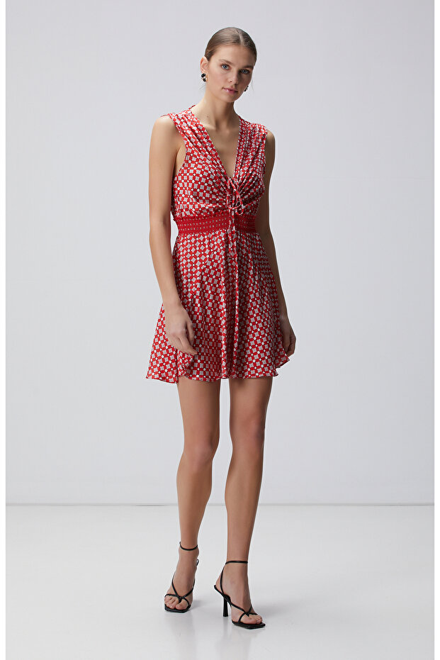 Kırmızı Desenli Mini Elbise - 1