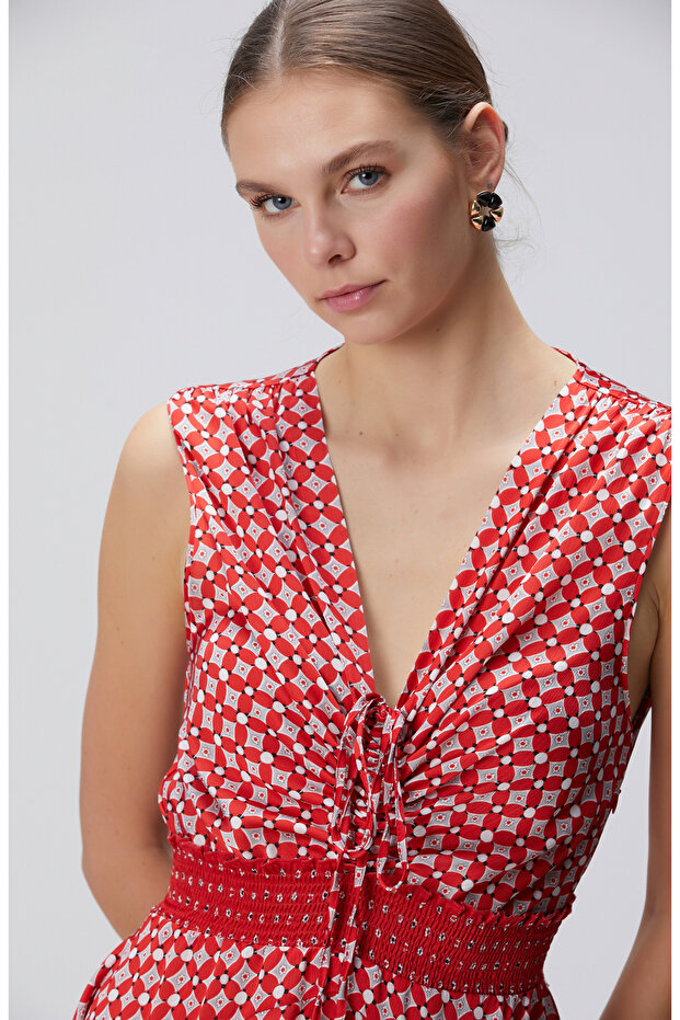 Kırmızı Desenli Mini Elbise - 2