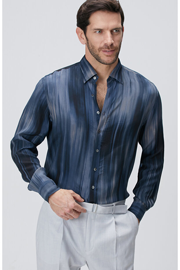 Lacivert Baskılı Gömlek - 1