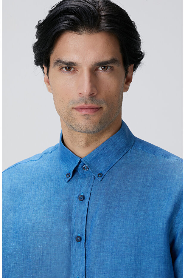 Turkuaz Keten Gömlek - 6