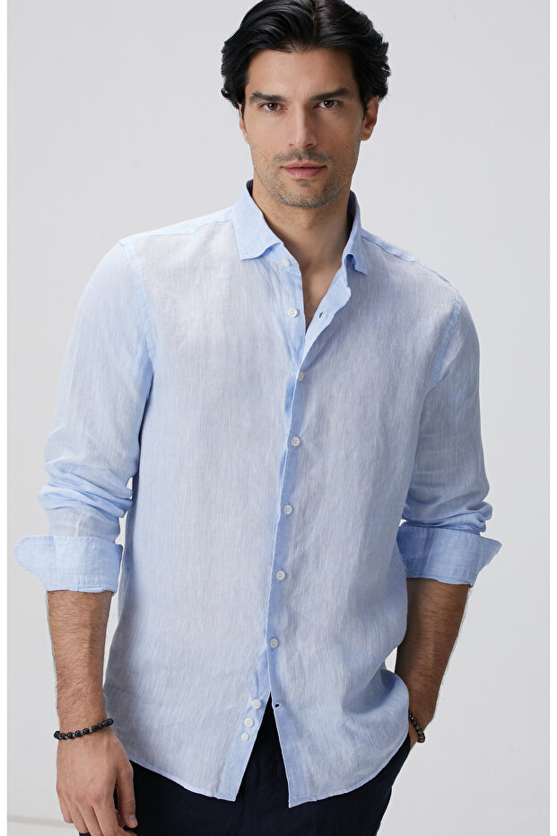 Açık Mavi Keten Gömlek - 2