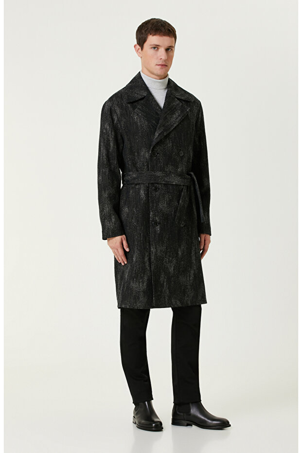 Siyah Yün Karışımlı Palto - 3