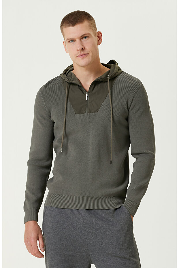 Haki Kapüşonlu Triko Kazak - 1