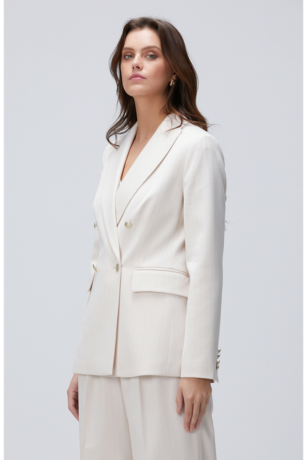 Bej Çizgili Blazer Ceket - 4