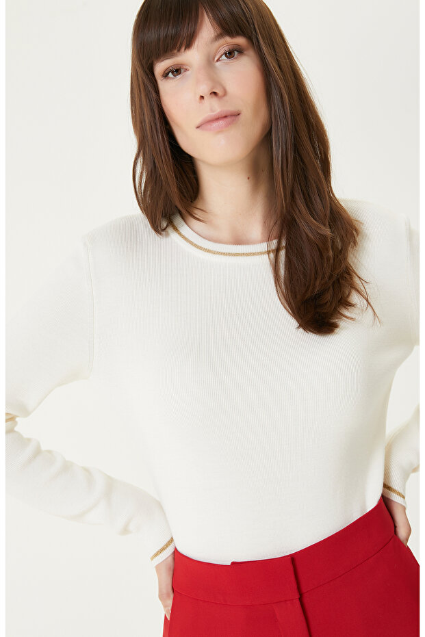 Ekru %100 Yün Sim Detaylı Kazak - 2