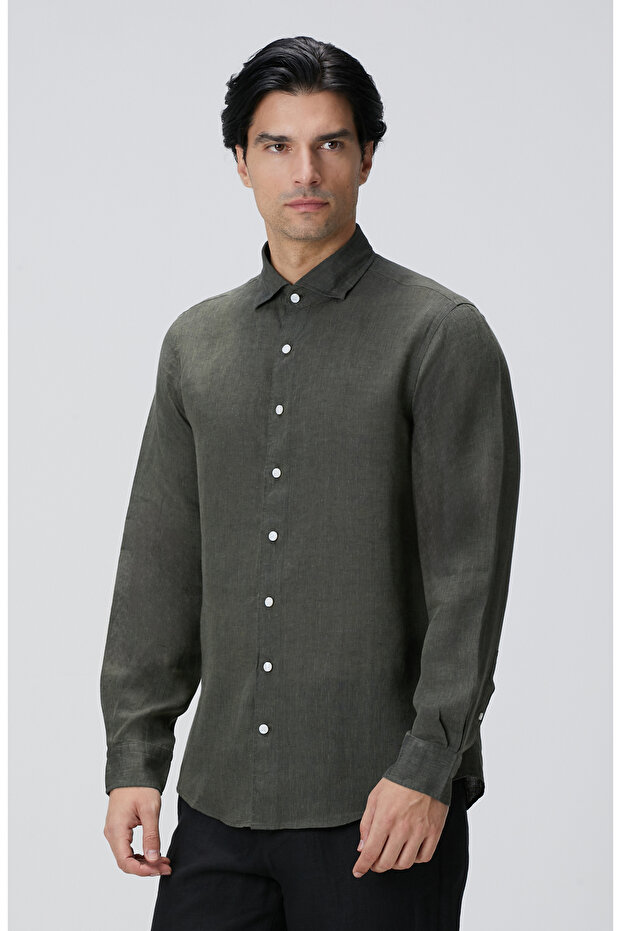 Haki Keten Gömlek - 4