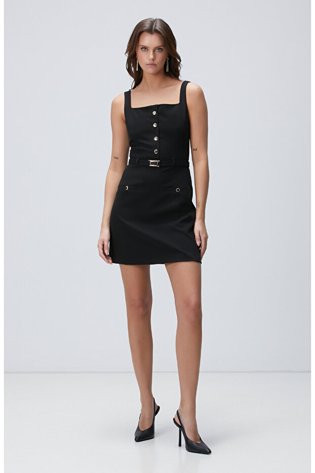 Siyah Aksesuar Detaylı Elbise - 3