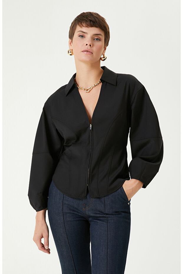 Siyah Yün Karışımlı Bluz - 1