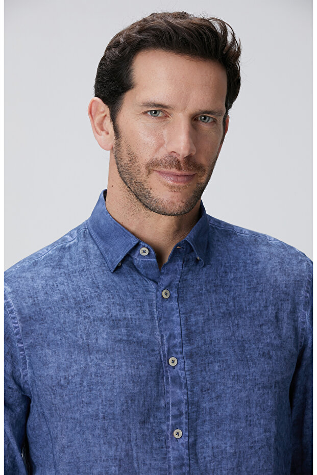 Lacivert Keten Gömlek - 7