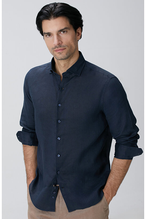 Lacivert Keten Gömlek - 2