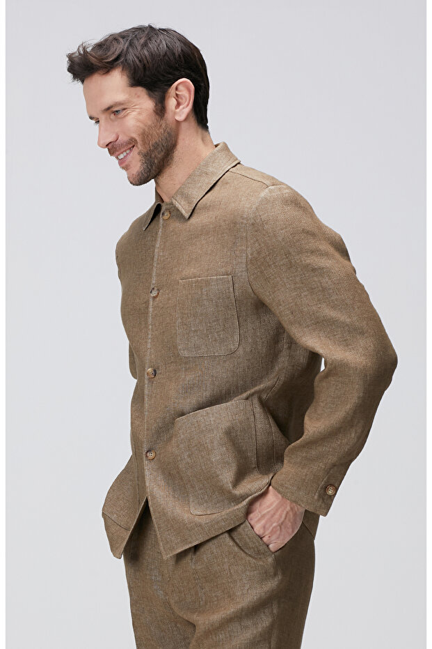 Camel Keten Karışımlı Ceket - 5