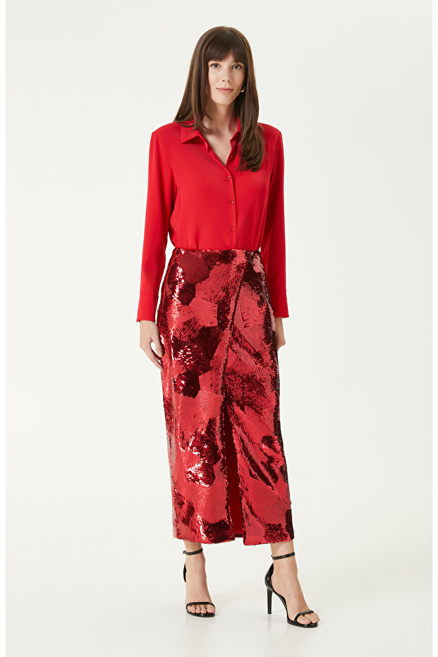 Kırmızı Payetli Midi Etek - 2