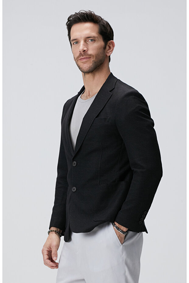 Siyah Keten Karışımlı Ceket - 4
