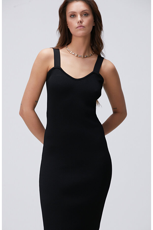 Siyah Midi Triko Elbise - 4