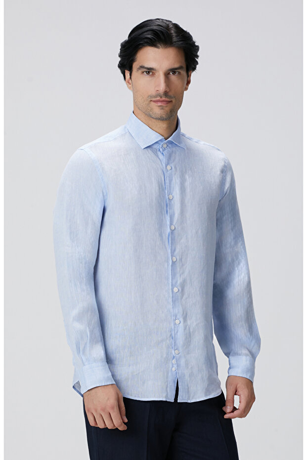 Açık Mavi Keten Gömlek - 5