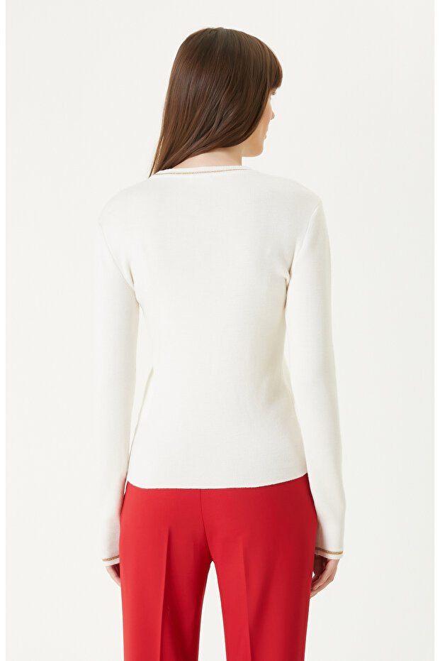 Ekru %100 Yün Sim Detaylı Kazak - 6